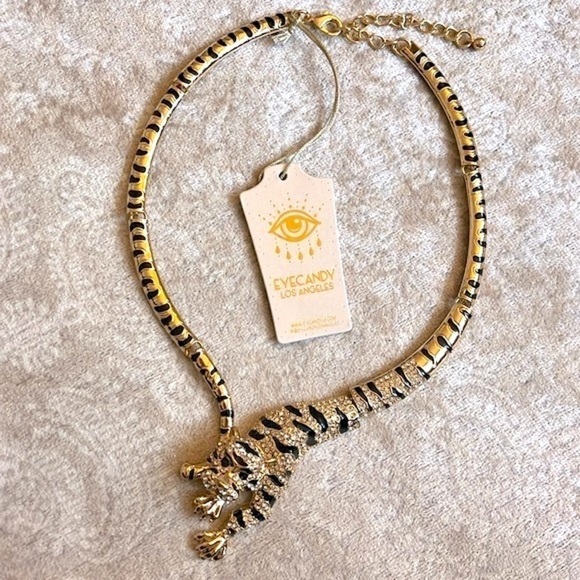 Brand New Eye Candy Gold Tone Crystal Leopard Collar Statement Necklace Jungle - Picture 3 of 15